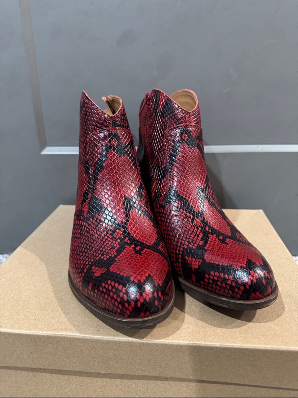 Lucky Brand Red and Black Snake-Print Ankle Booties